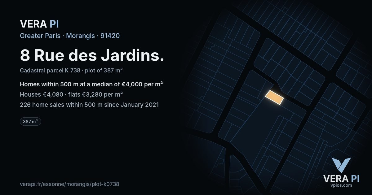8 Rue des Jardins, Morangis at night – the plot lit, the parcels around coloured by the prices near them
