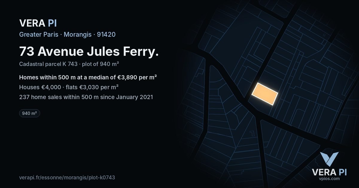 73 Avenue Jules Ferry, Morangis at night – the plot lit, the parcels around coloured by the prices near them