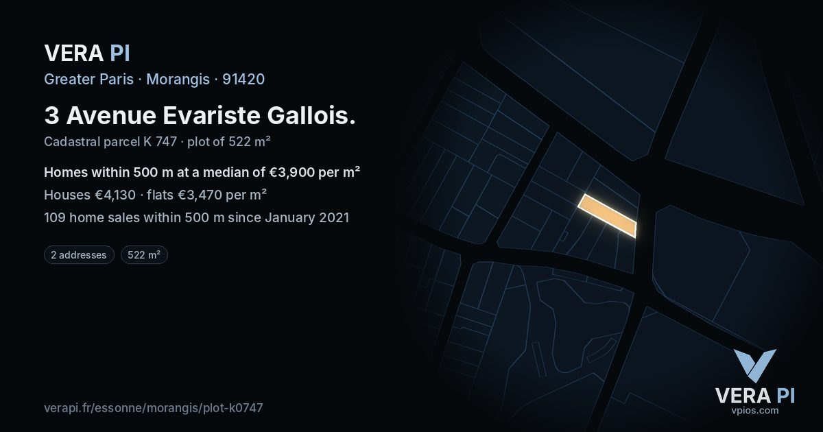 3 Avenue Evariste Gallois, Morangis at night – the plot lit, the parcels around coloured by the prices near them