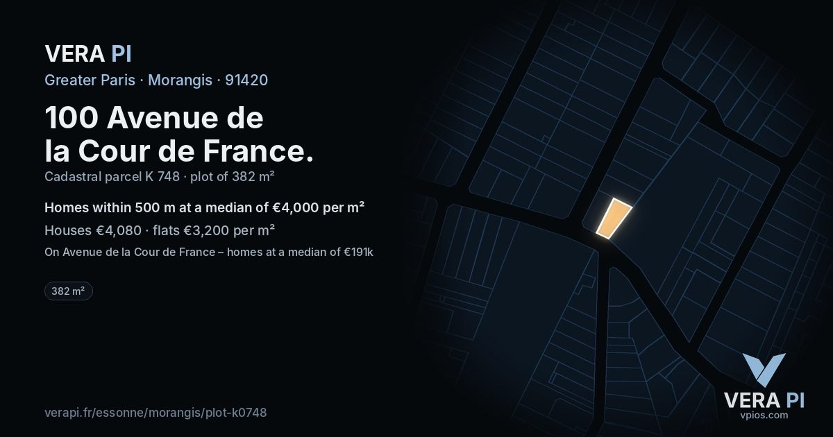 100 Avenue de la Cour de France, Morangis at night – the plot lit, the parcels around coloured by the prices near them