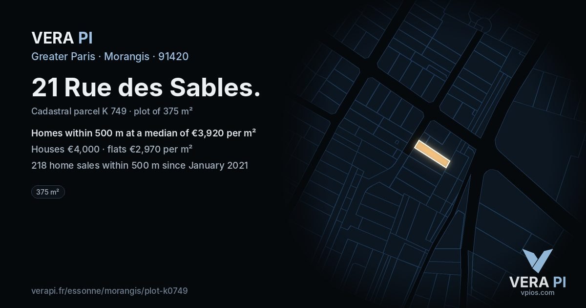 21 Rue des Sables, Morangis at night – the plot lit, the parcels around coloured by the prices near them