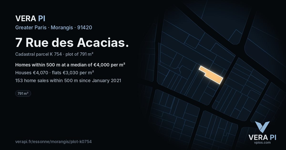 7 Rue des Acacias, Morangis at night – the plot lit, the parcels around coloured by the prices near them