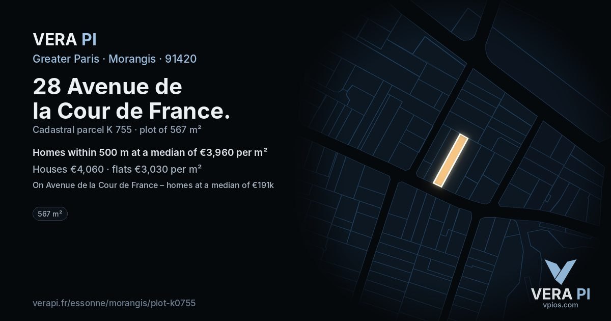 28 Avenue de la Cour de France, Morangis at night – the plot lit, the parcels around coloured by the prices near them