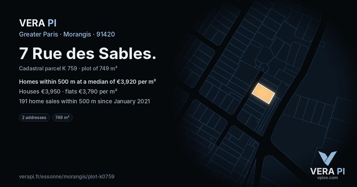 7 Rue des Sables, Morangis at night – the plot lit, the parcels around coloured by the prices near them