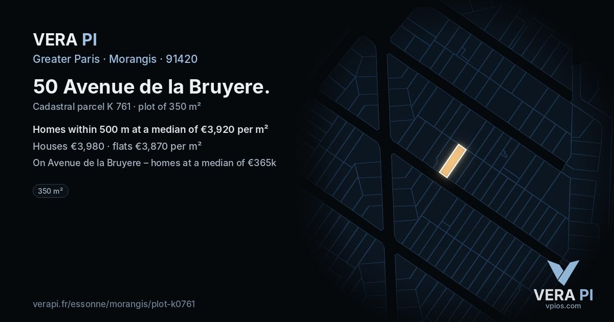 50 Avenue de la Bruyere, Morangis at night – the plot lit, the parcels around coloured by the prices near them