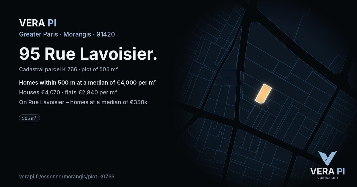 95 Rue Lavoisier, Morangis at night – the plot lit, the parcels around coloured by the prices near them