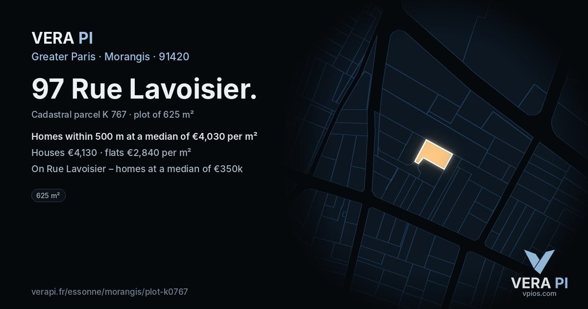 97 Rue Lavoisier, Morangis at night – the plot lit, the parcels around coloured by the prices near them