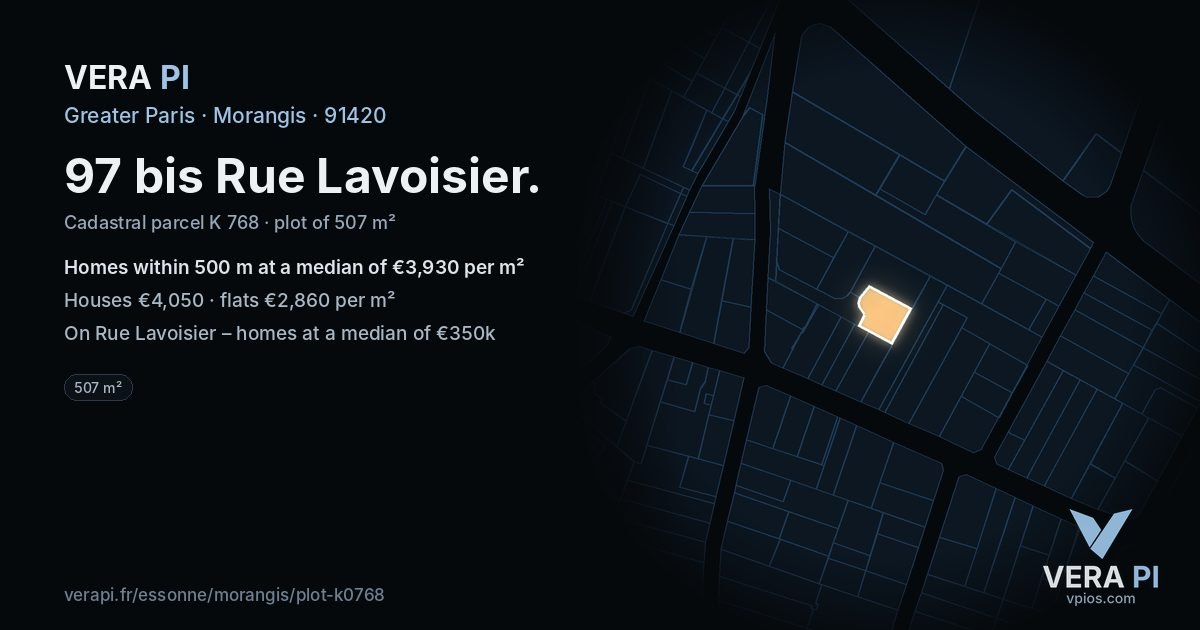 97 bis Rue Lavoisier, Morangis at night – the plot lit, the parcels around coloured by the prices near them
