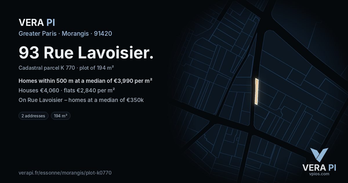 93 Rue Lavoisier, Morangis at night – the plot lit, the parcels around coloured by the prices near them