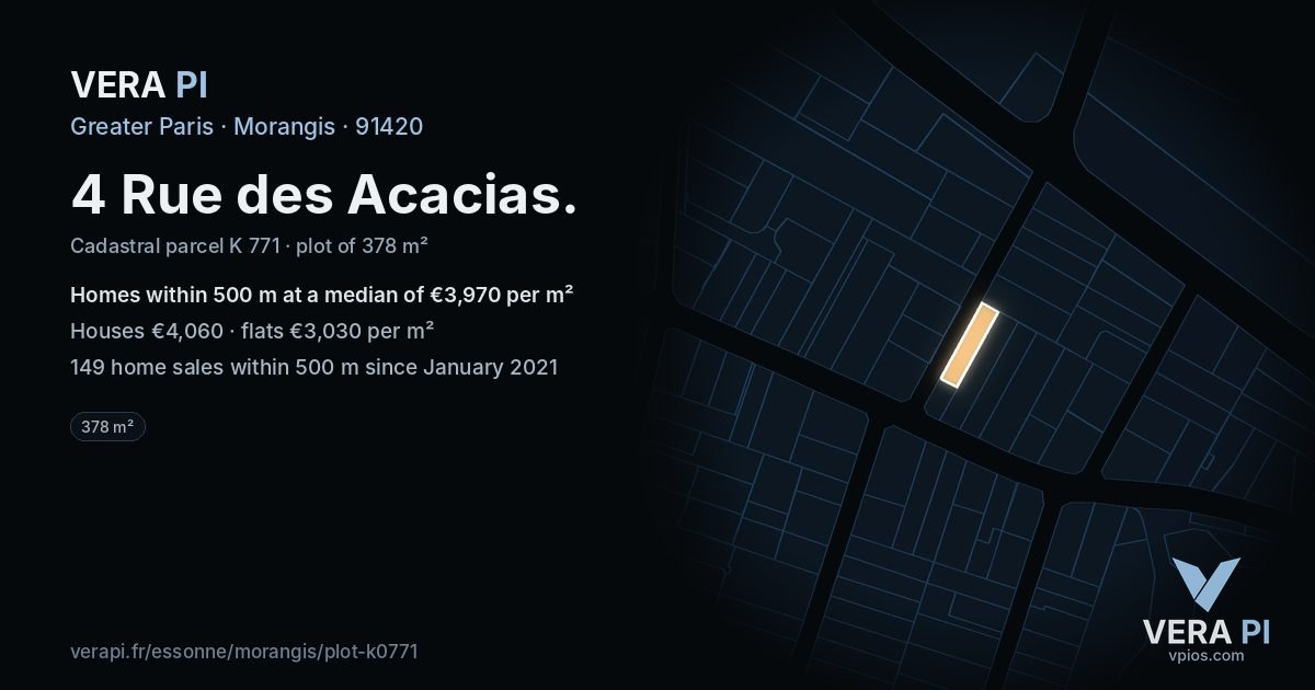 4 Rue des Acacias, Morangis at night – the plot lit, the parcels around coloured by the prices near them