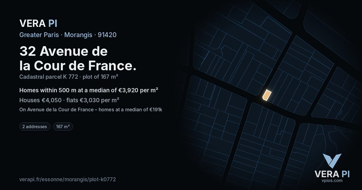 32 Avenue de la Cour de France, Morangis at night – the plot lit, the parcels around coloured by the prices near them