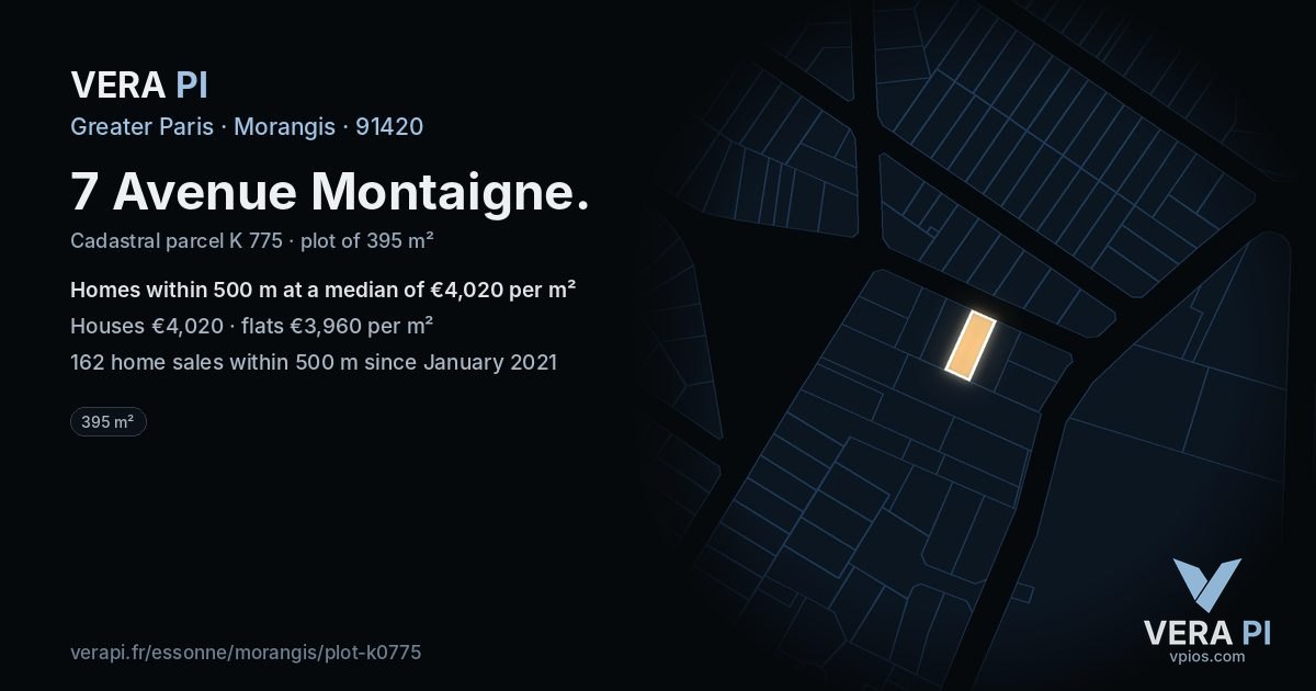 7 Avenue Montaigne, Morangis at night – the plot lit, the parcels around coloured by the prices near them