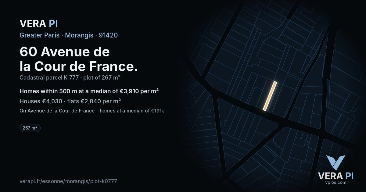 60 Avenue de la Cour de France, Morangis at night – the plot lit, the parcels around coloured by the prices near them
