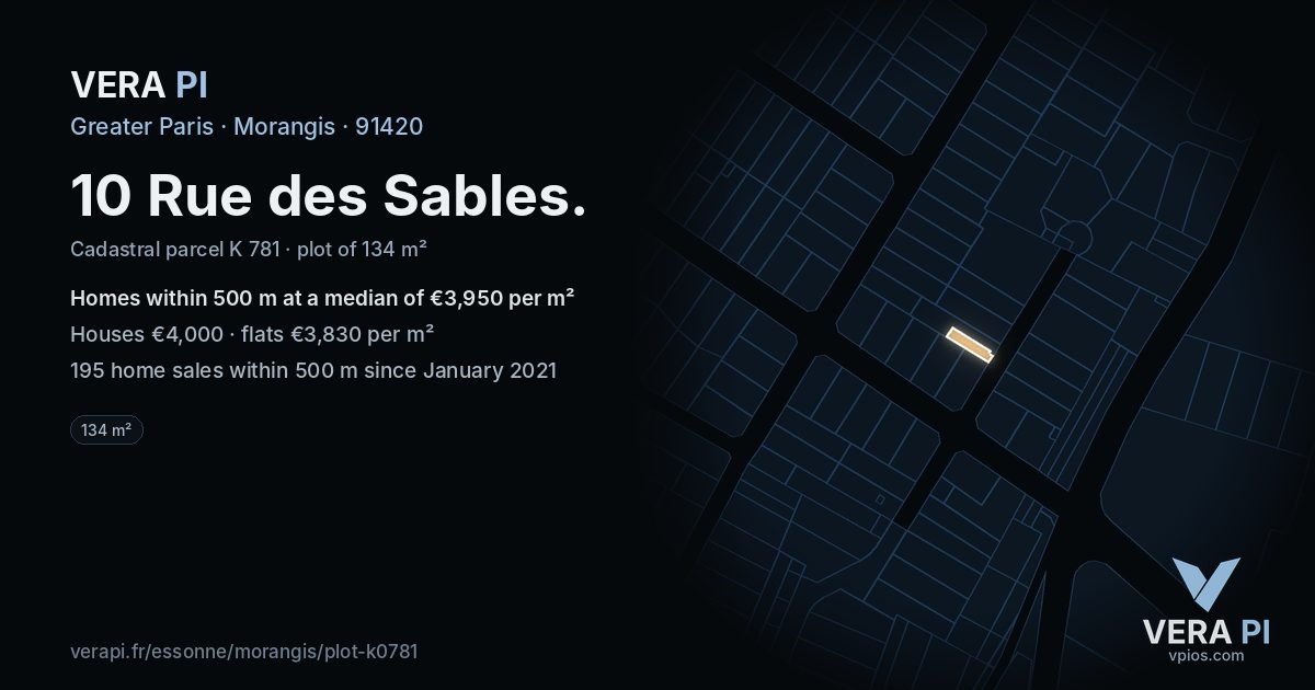 10 Rue des Sables, Morangis at night – the plot lit, the parcels around coloured by the prices near them