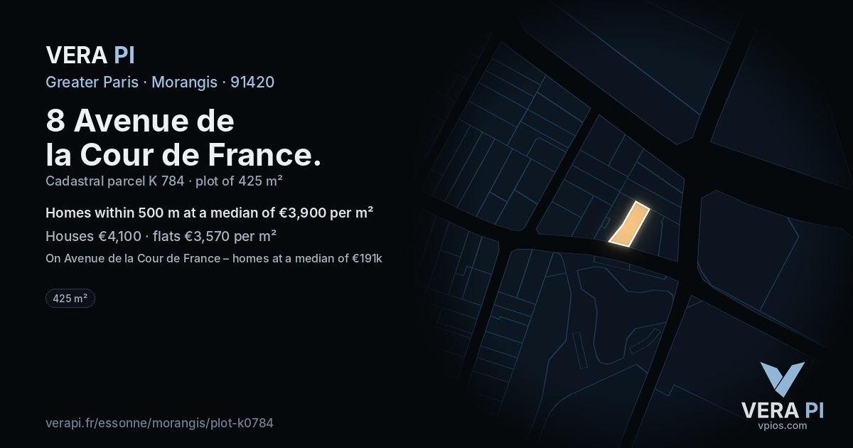 8 Avenue de la Cour de France, Morangis at night – the plot lit, the parcels around coloured by the prices near them