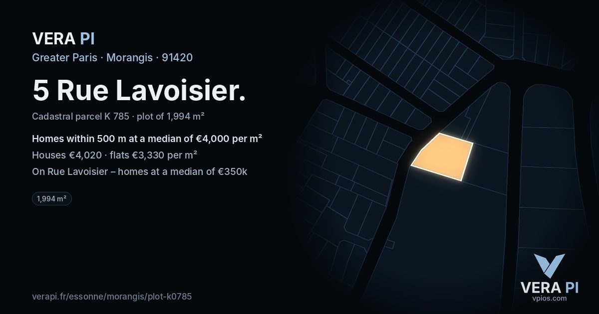 5 Rue Lavoisier, Morangis at night – the plot lit, the parcels around coloured by the prices near them