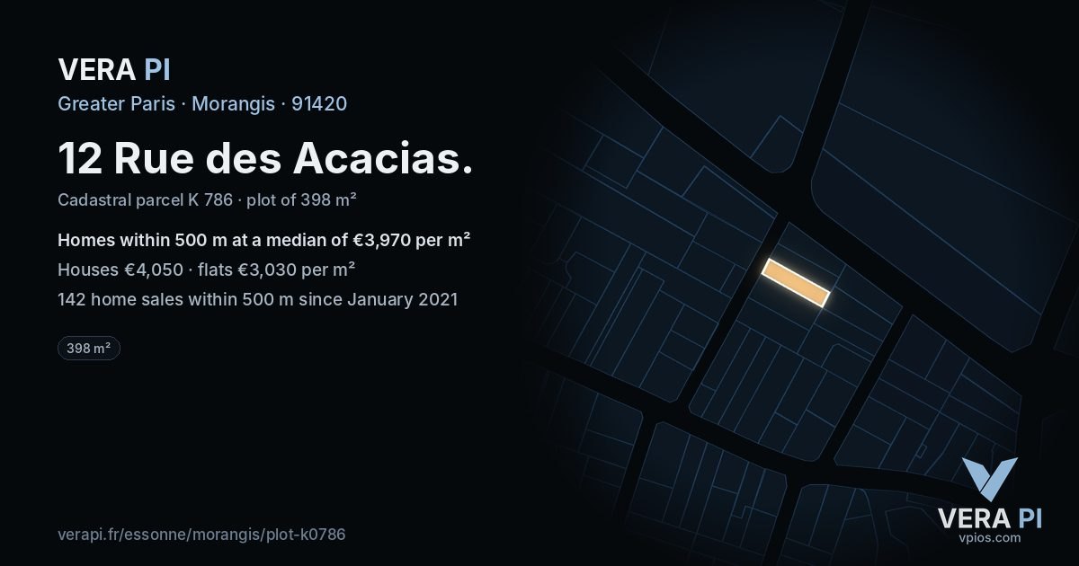 12 Rue des Acacias, Morangis at night – the plot lit, the parcels around coloured by the prices near them