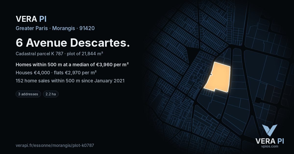 6 Avenue Descartes, Morangis at night – the plot lit, the parcels around coloured by the prices near them