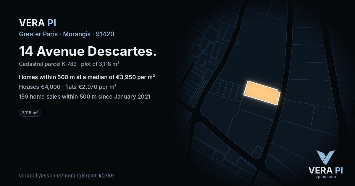 14 Avenue Descartes, Morangis at night – the plot lit, the parcels around coloured by the prices near them