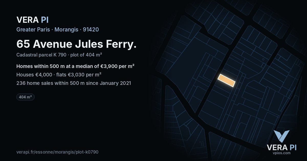 65 Avenue Jules Ferry, Morangis at night – the plot lit, the parcels around coloured by the prices near them