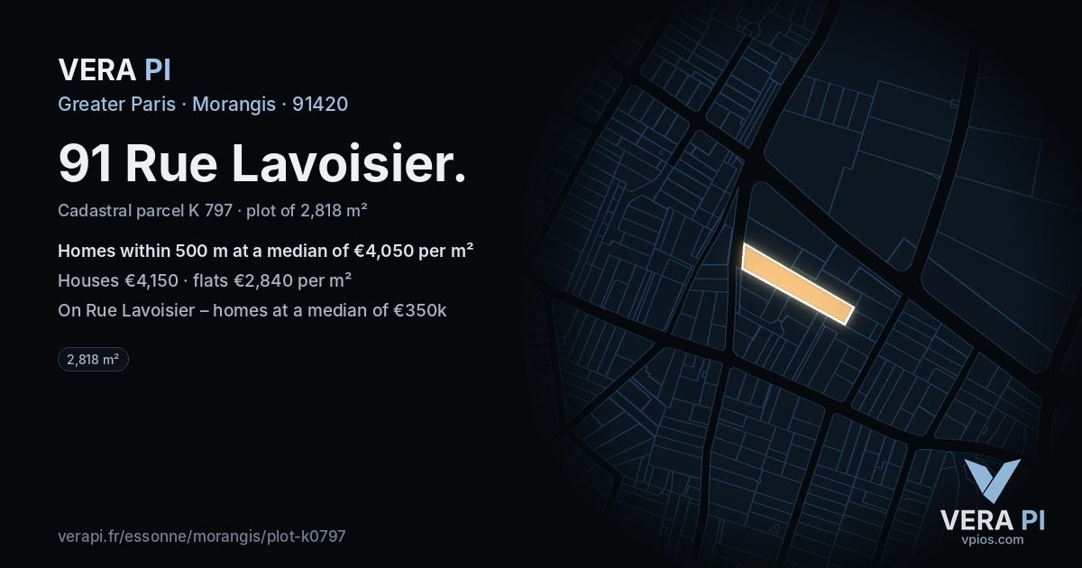 91 Rue Lavoisier, Morangis at night – the plot lit, the parcels around coloured by the prices near them