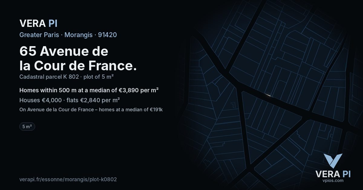 65 Avenue de la Cour de France, Morangis at night – the plot lit, the parcels around coloured by the prices near them