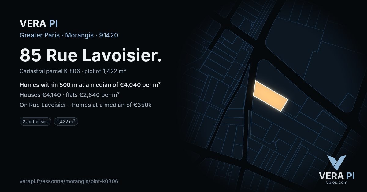 85 Rue Lavoisier, Morangis at night – the plot lit, the parcels around coloured by the prices near them