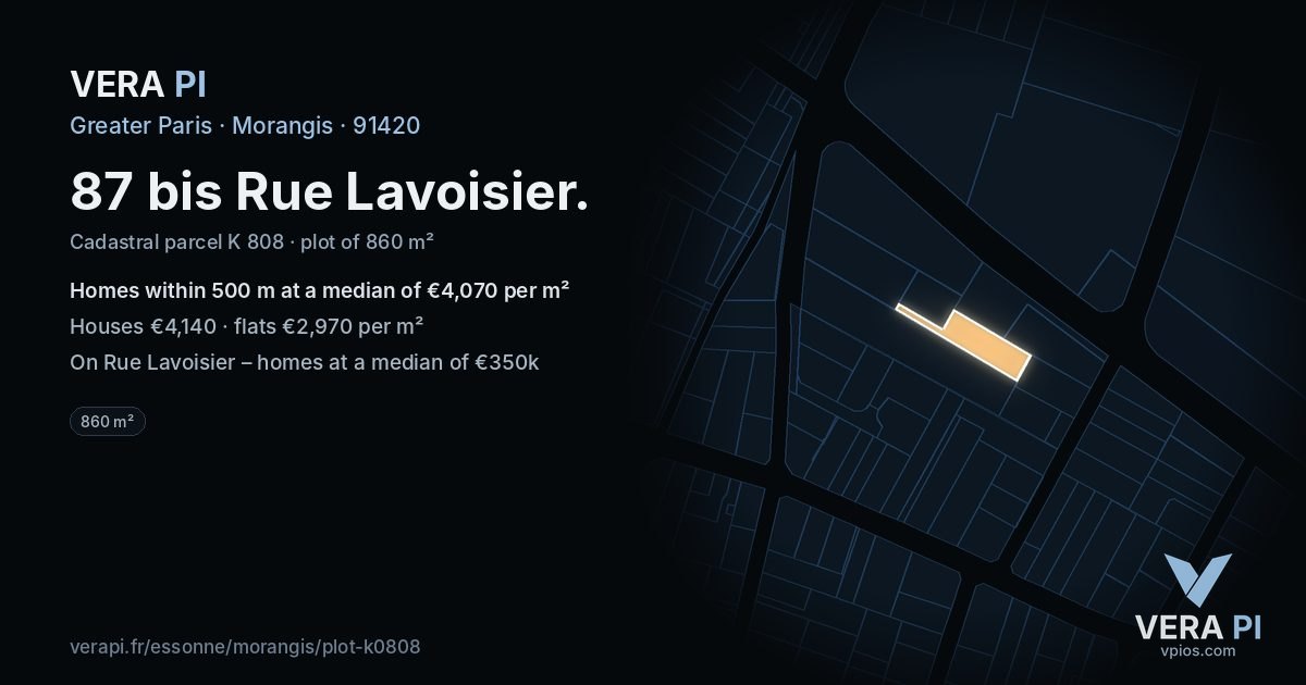 87 bis Rue Lavoisier, Morangis at night – the plot lit, the parcels around coloured by the prices near them