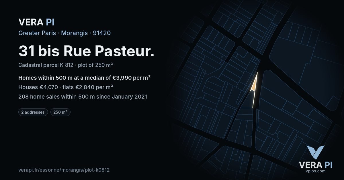 31 bis Rue Pasteur, Morangis at night – the plot lit, the parcels around coloured by the prices near them