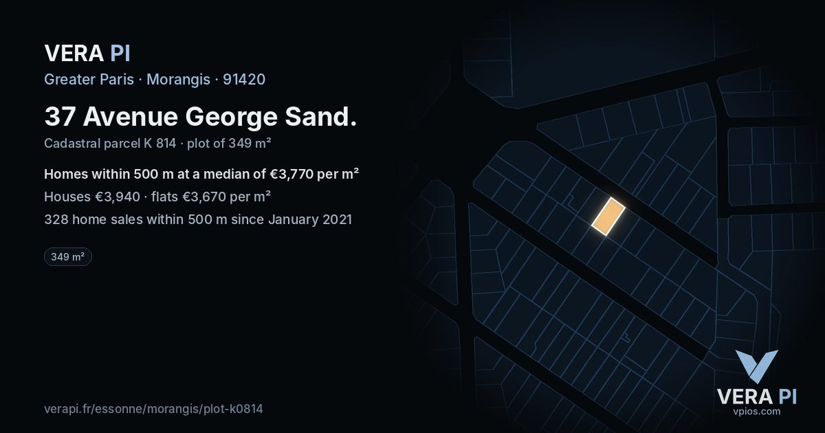 37 Avenue George Sand, Morangis at night – the plot lit, the parcels around coloured by the prices near them