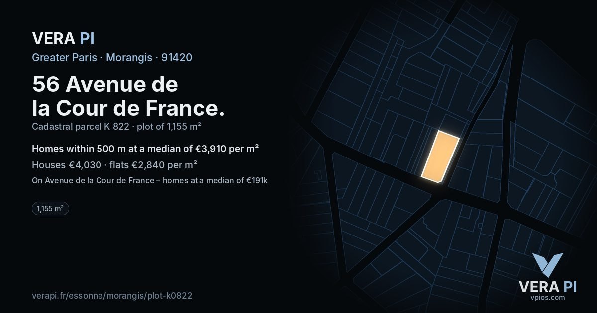 56 Avenue de la Cour de France, Morangis at night – the plot lit, the parcels around coloured by the prices near them