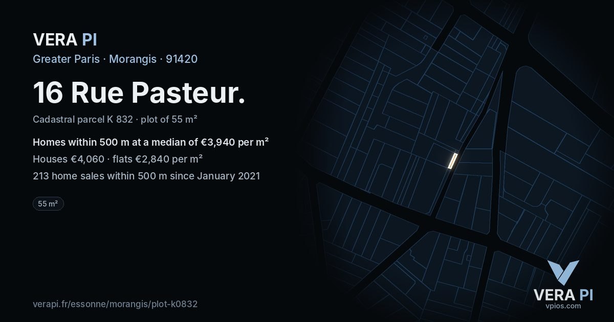 16 Rue Pasteur, Morangis at night – the plot lit, the parcels around coloured by the prices near them