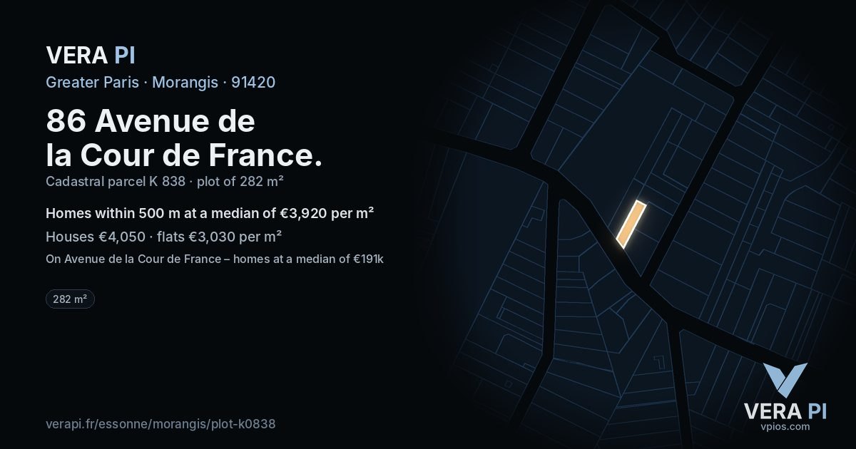 86 Avenue de la Cour de France, Morangis at night – the plot lit, the parcels around coloured by the prices near them