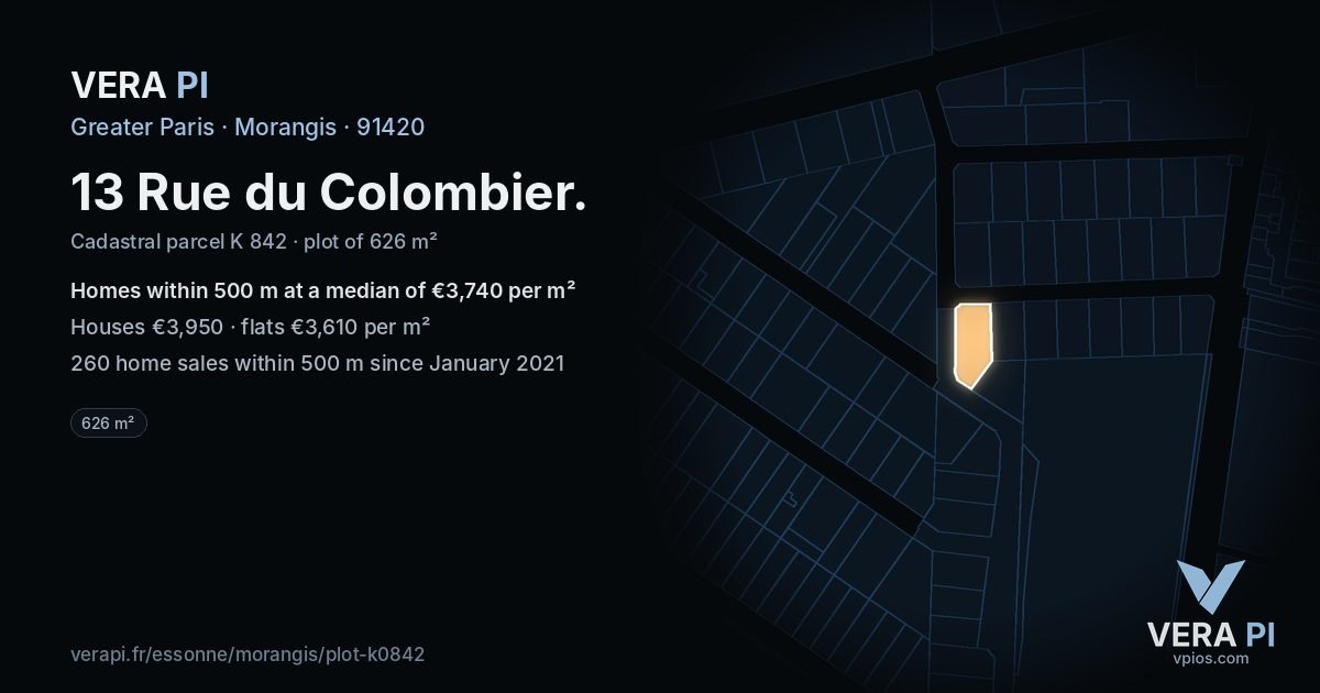 13 Rue du Colombier, Morangis at night – the plot lit, the parcels around coloured by the prices near them