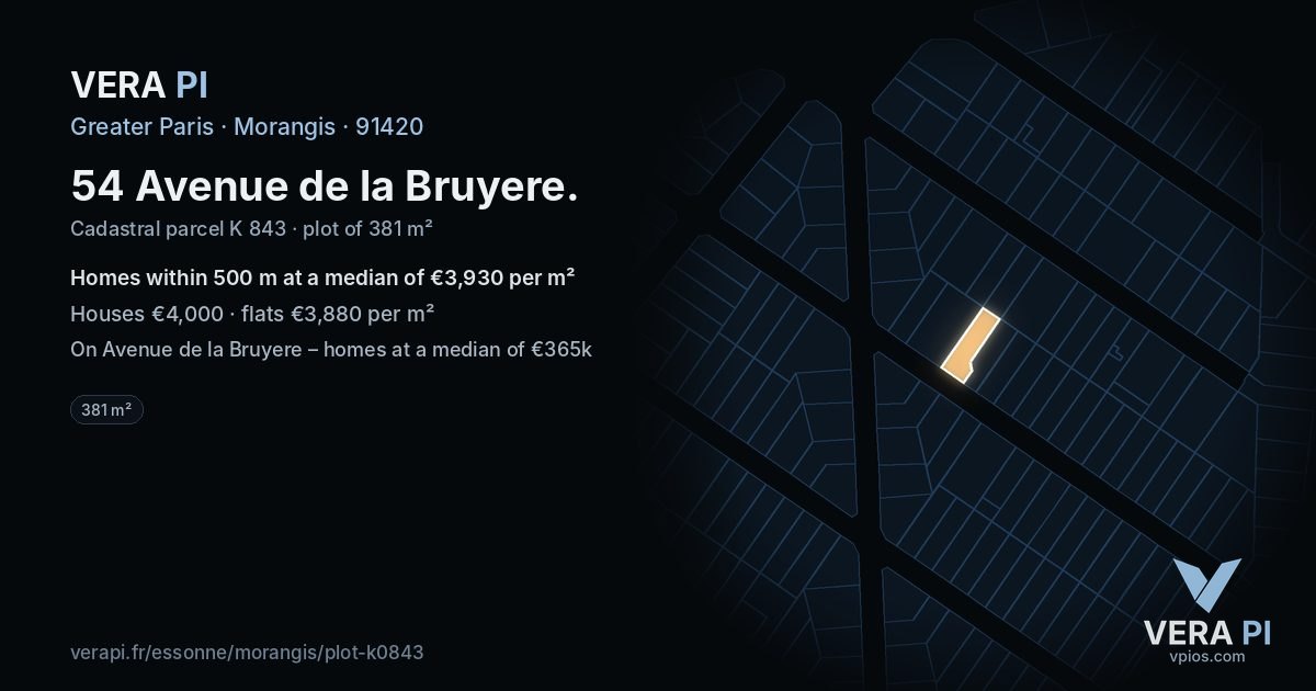 54 Avenue de la Bruyere, Morangis at night – the plot lit, the parcels around coloured by the prices near them