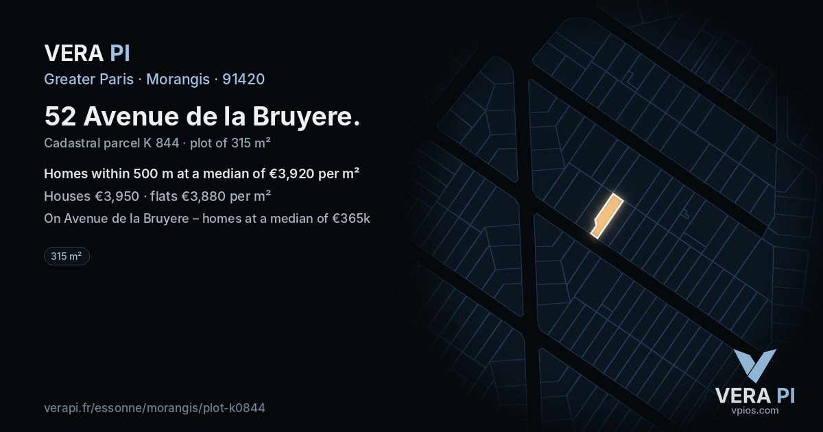 52 Avenue de la Bruyere, Morangis at night – the plot lit, the parcels around coloured by the prices near them