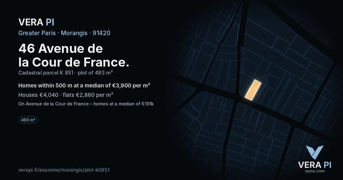 46 Avenue de la Cour de France, Morangis at night – the plot lit, the parcels around coloured by the prices near them