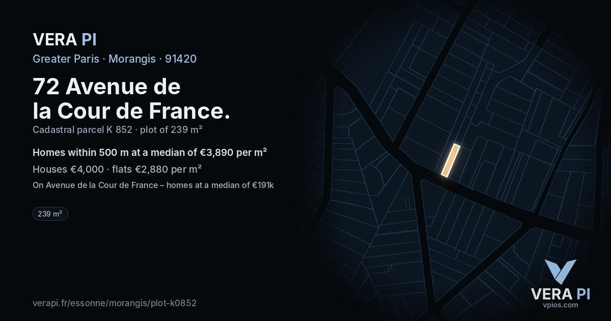 72 Avenue de la Cour de France, Morangis at night – the plot lit, the parcels around coloured by the prices near them