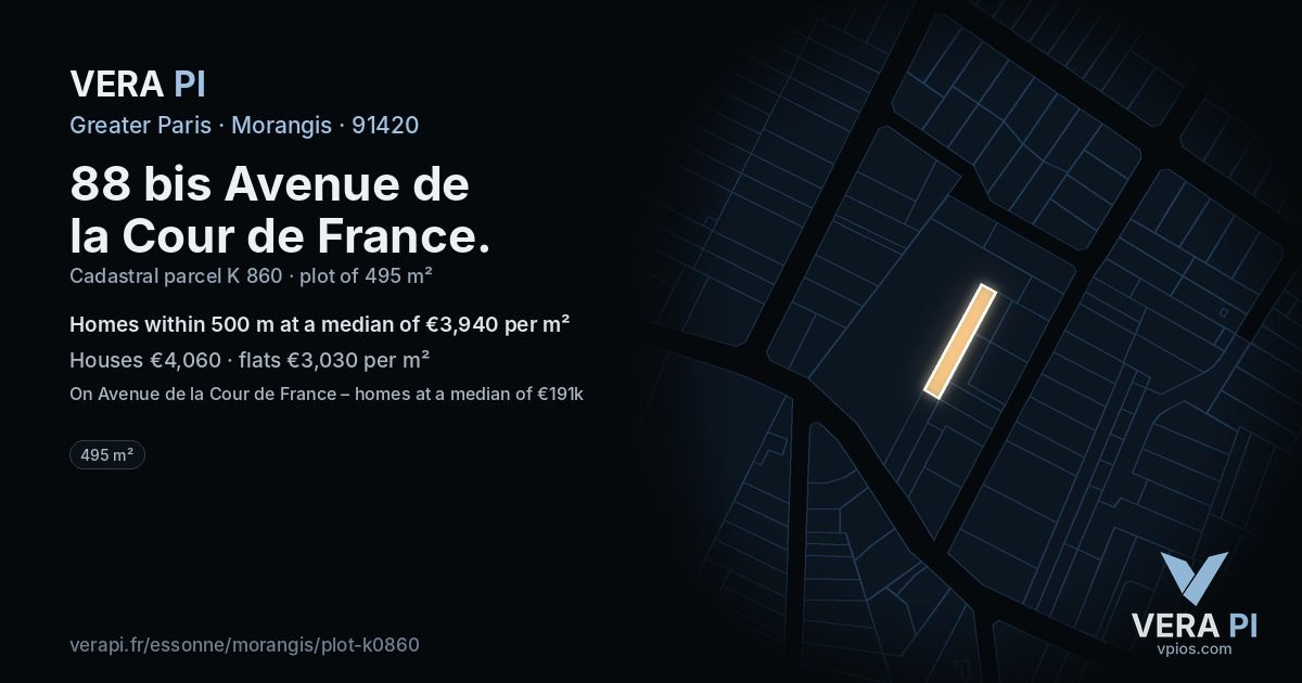 88 bis Avenue de la Cour de France, Morangis at night – the plot lit, the parcels around coloured by the prices near them