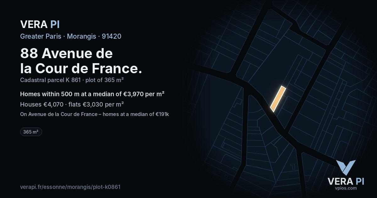 88 Avenue de la Cour de France, Morangis at night – the plot lit, the parcels around coloured by the prices near them