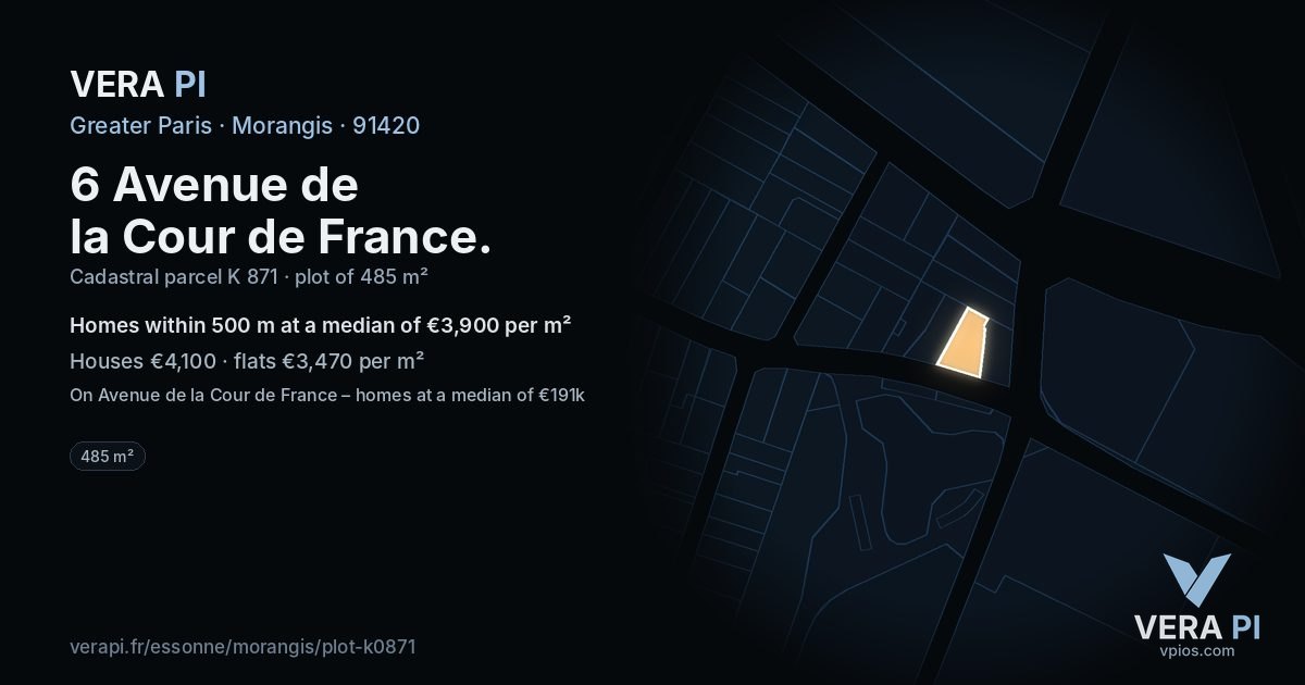 6 Avenue de la Cour de France, Morangis at night – the plot lit, the parcels around coloured by the prices near them