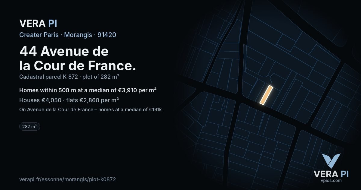 44 Avenue de la Cour de France, Morangis at night – the plot lit, the parcels around coloured by the prices near them