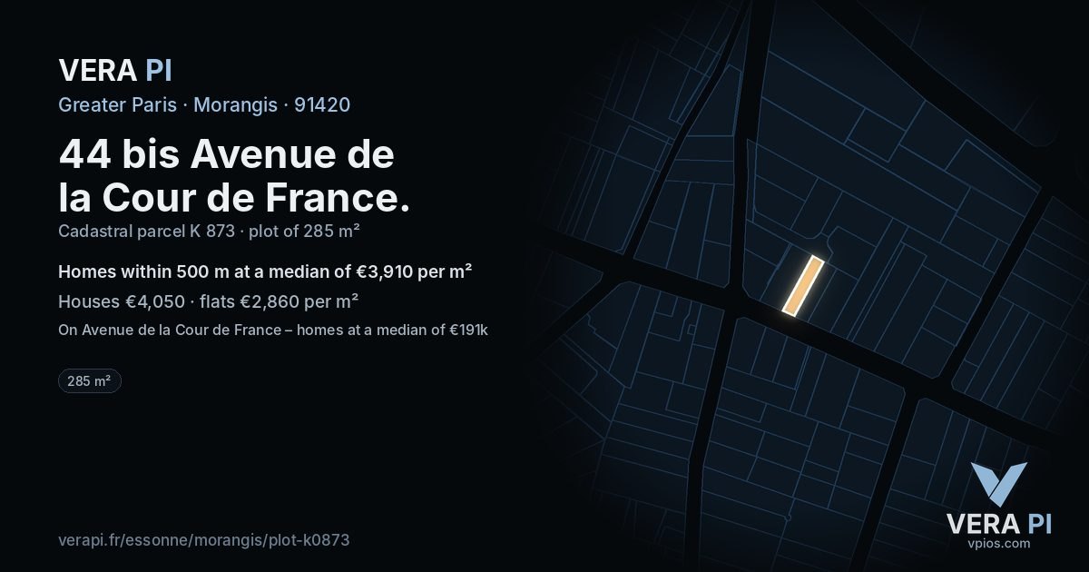 44 bis Avenue de la Cour de France, Morangis at night – the plot lit, the parcels around coloured by the prices near them