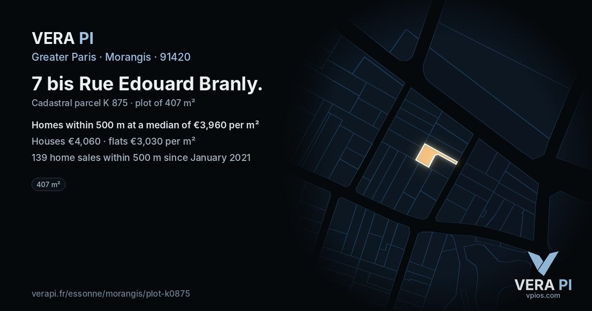 7 bis Rue Edouard Branly, Morangis at night – the plot lit, the parcels around coloured by the prices near them