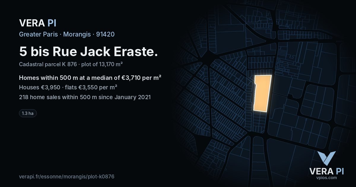 5 bis Rue Jack Eraste, Morangis at night – the plot lit, the parcels around coloured by the prices near them