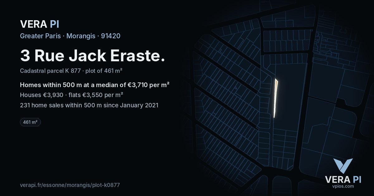 3 Rue Jack Eraste, Morangis at night – the plot lit, the parcels around coloured by the prices near them