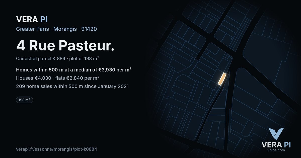 4 Rue Pasteur, Morangis at night – the plot lit, the parcels around coloured by the prices near them