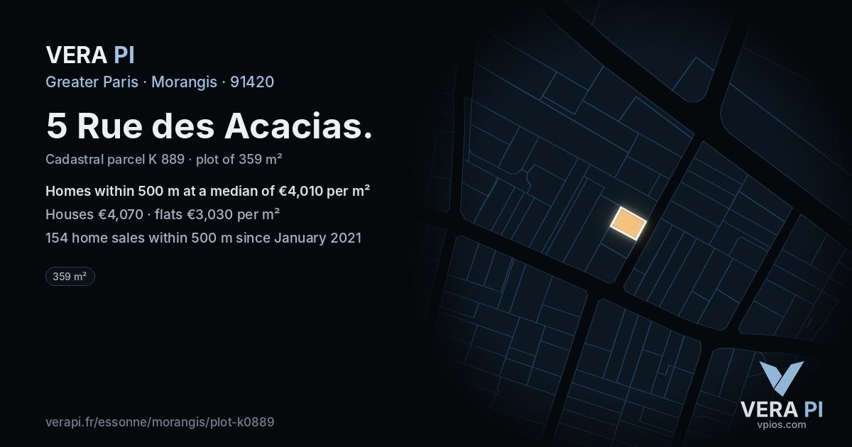 5 Rue des Acacias, Morangis at night – the plot lit, the parcels around coloured by the prices near them