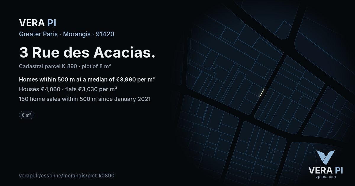 3 Rue des Acacias, Morangis at night – the plot lit, the parcels around coloured by the prices near them