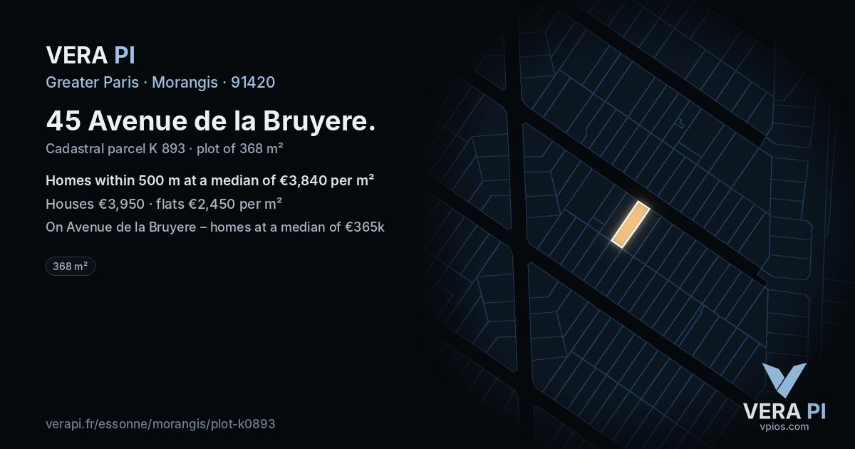 45 Avenue de la Bruyere, Morangis at night – the plot lit, the parcels around coloured by the prices near them